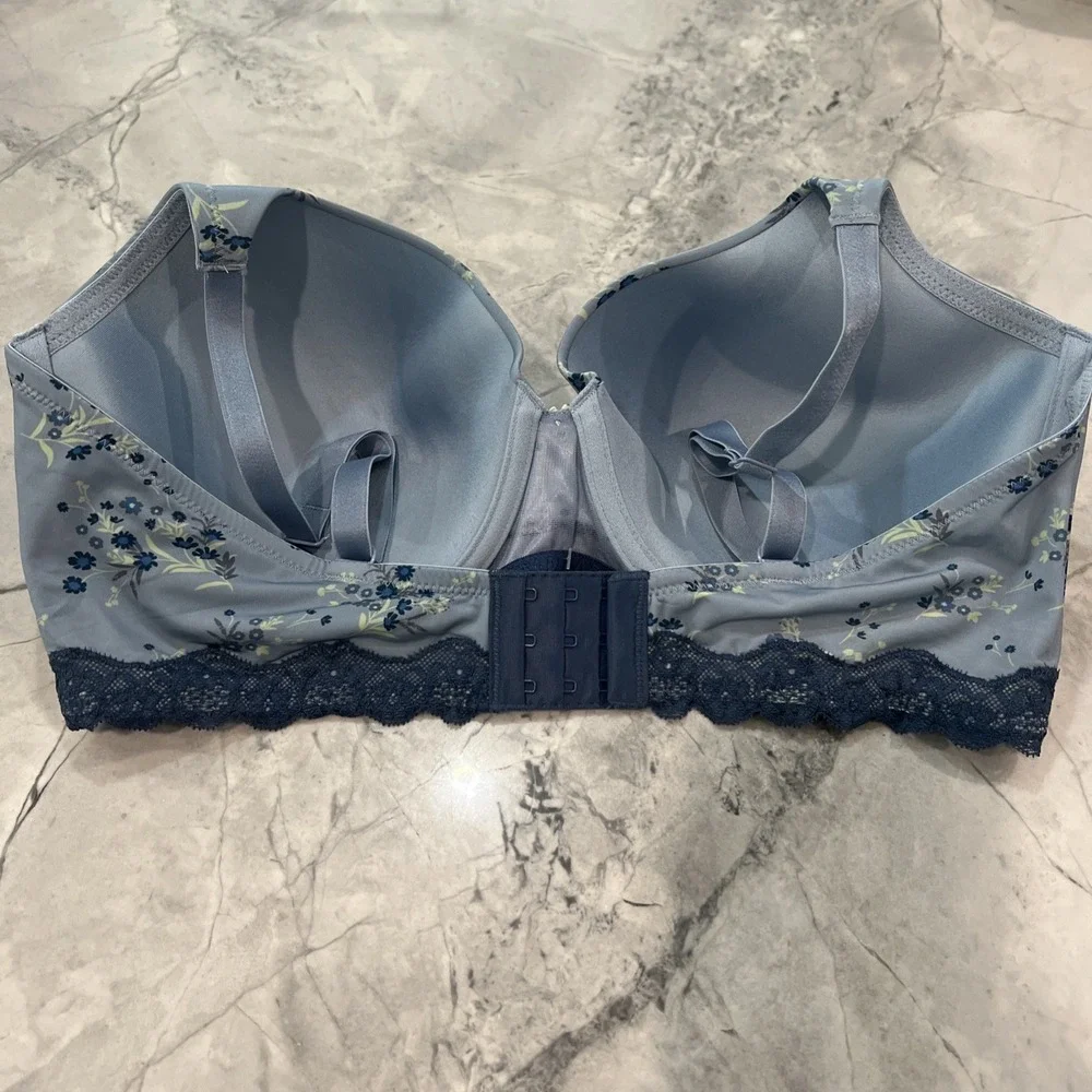 Adore Me Bra 38DD Push Up Plunge‎ Underwire Blue Floral